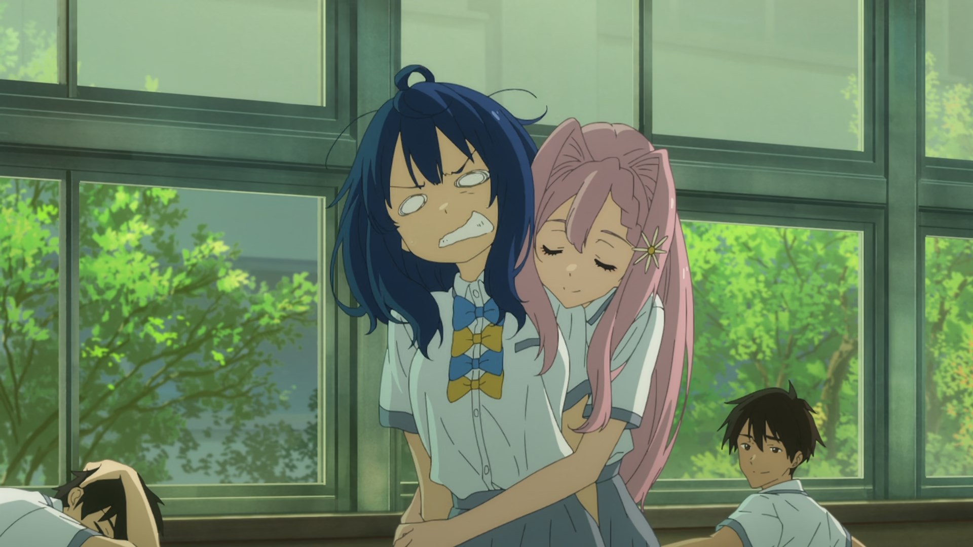 Anna being hugged by the pink haired Karen as her crush looks fondly on and she is struggling to get loose